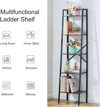 Hoctieon Industrial Ladder Bookshelf, 5-Tier Tall Bookshelf, Open Ladder Shelf - Image 8