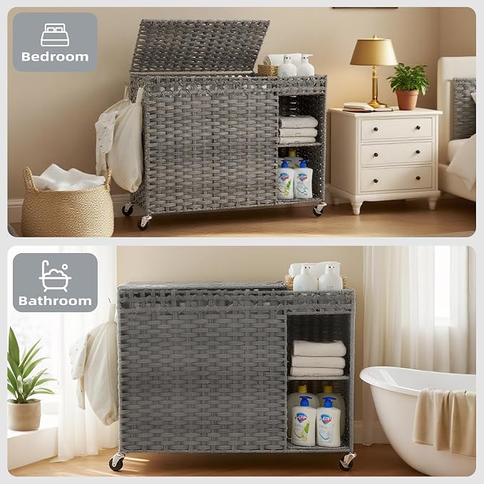 Laundry Hamper with Lid, 160L Rattan Wicker Laundry Basket with Wheels - Image 4