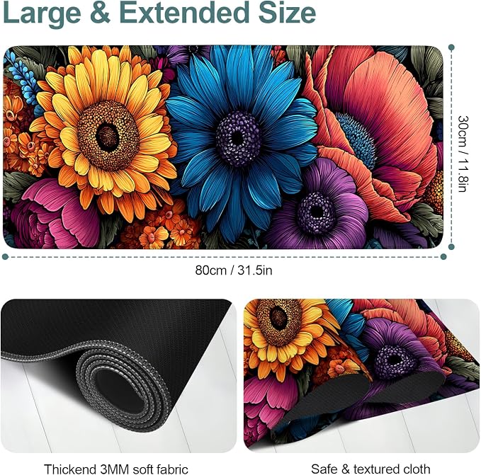 Flower Gaming Mouse Pad 31.5"x11.8"Desk Mat Anti-Slip Rubber Base & Durable - Image 2