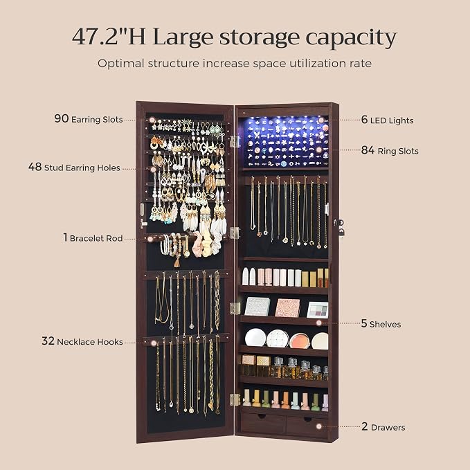 SONGMICS 6 LEDs Mirror Jewelry Cabinet, 47.2-Inch Tall Lockable Wall or Door - Image 5