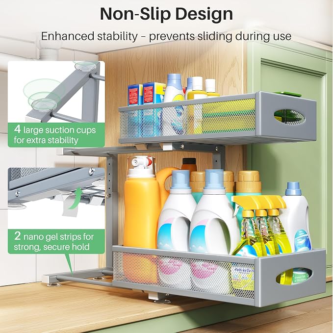 Under Sink Organizer, 2 Pack 2 Tier Pull out Cabinet Organizer Baskets - Image 6
