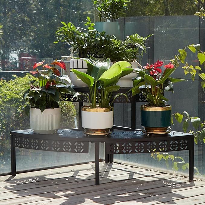 3 Tier Metal Plant Stand, Rectangle or Round Decorative Flower Step, Garden - Image 2