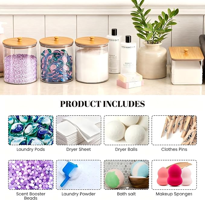 2+1 Pack Glass Laundry Pods Container & Acrylic Dryer Sheet Holder, Powder - Image 7