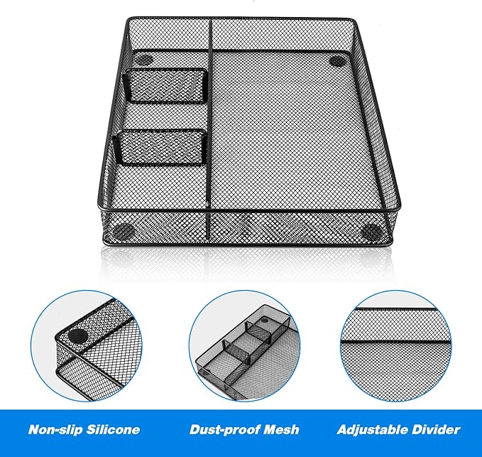 Desk Drawer Organizer Tray, Metal Mesh Drawer Organizers Office, 4 Grid - Image 3