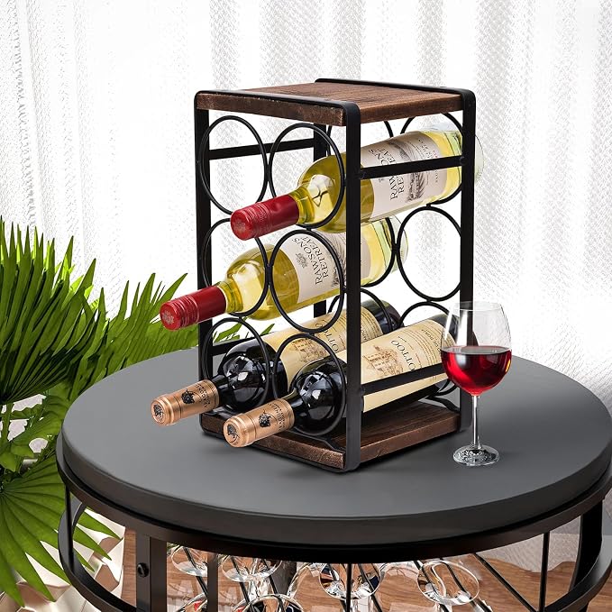 Rustic Wood Countertop Wine Rack 6 Bottles No Need Assembly Brown - Image 5