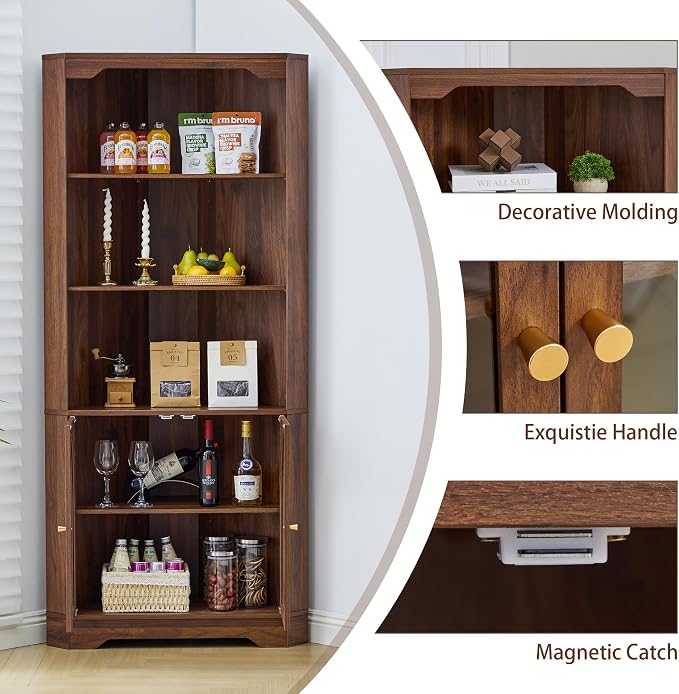 70" H Tall Coner Cabinet with Door & Adjustable Shelves, Mid-Century Farmhouse - Image 5
