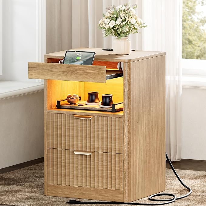 REAHOME Fluted Nightstand with Charging Station, Modern LED Night Stand with 2 by REAHOME