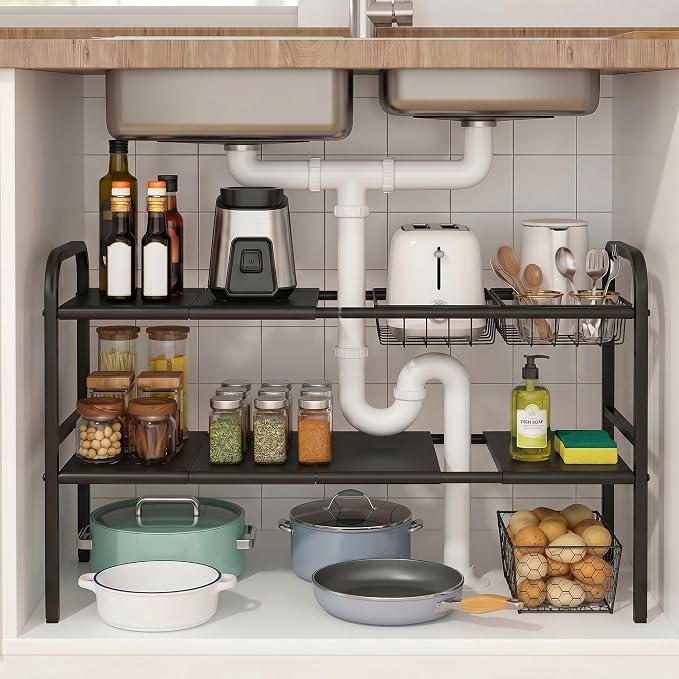 Expandable 2 Tier Under Sink Organizer, 28.74-34.5 Inch Width | by INZTUPD