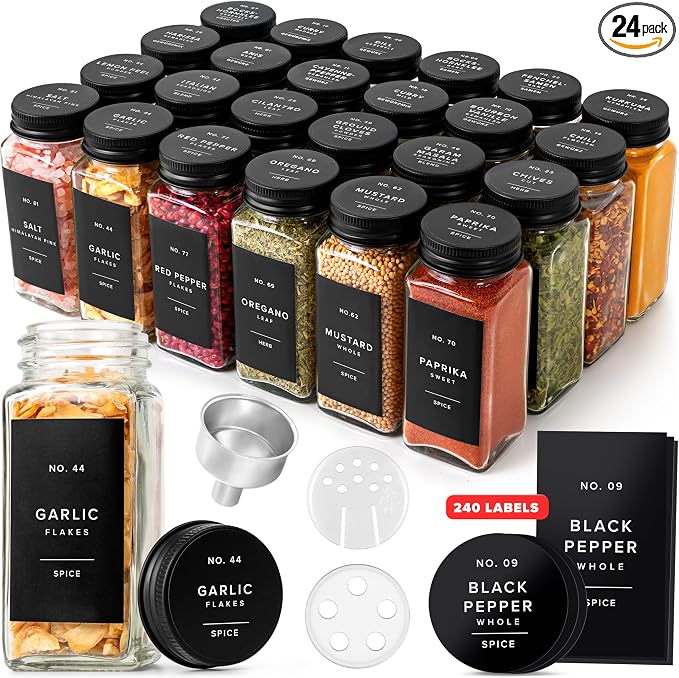 EDELHAUS Glass Spice Jars with Label and Black Aluminium Lids Spice Containers by EDELHAUS
