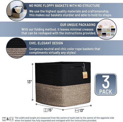 NaturalCozy 13x15x13 Kallax Storage Cubes Bins, 3 Pack | Cotton Rope Cube - Image 2