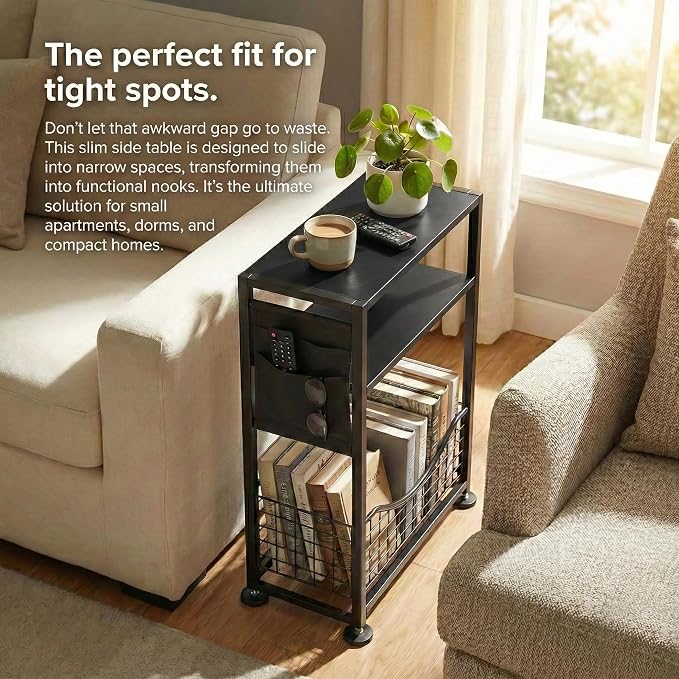 Skinny Side Table with Storage, 3 Tier Slim Side Tables - Image 4
