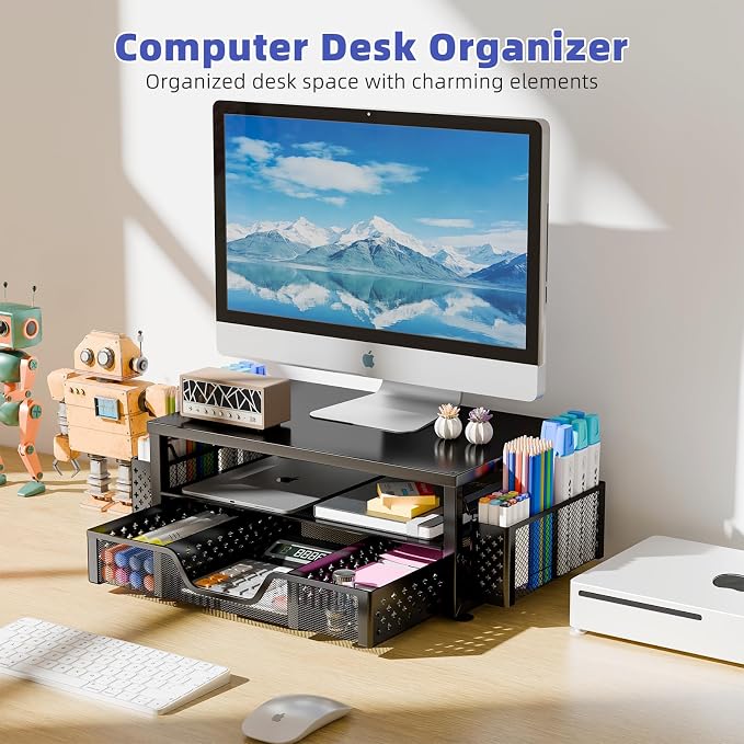 Simple Trending 2-Tier Monitor Stand Riser, Drawer & 2 Pen Holders - Image 8
