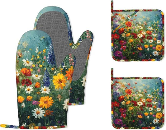 Vintage Oil Painting Flower Field Oven Mitts and Pot Holders, Heat Resistant by Unknown