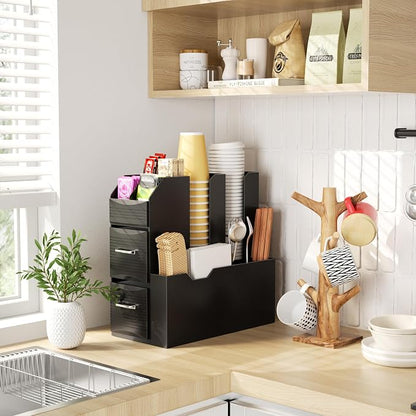 SZQINJI Coffee Condiment Organizer 11-Compartment Countertop 2-Drawer Black | - Image 3