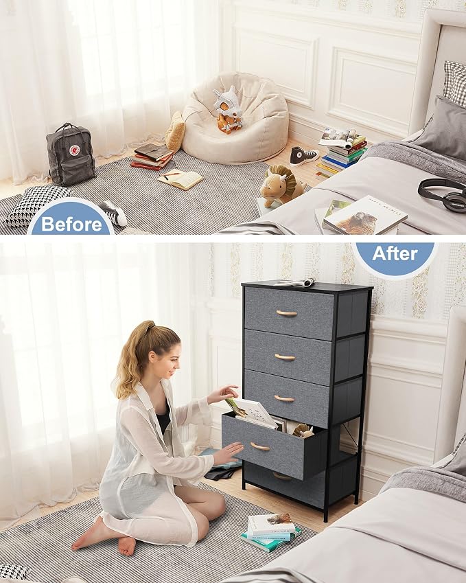 Tall Dresser, Wide Vertical Fabric Storage Organizer, 5 Drawers | Sturdy Steel - Image 4
