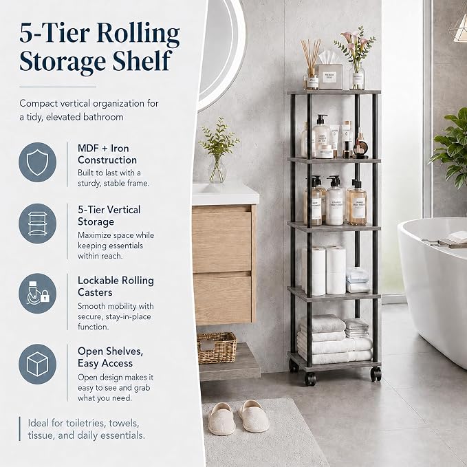 5-Tier 50.4" Tall Oak Grey Bathroom Shelving Unit - Image 6