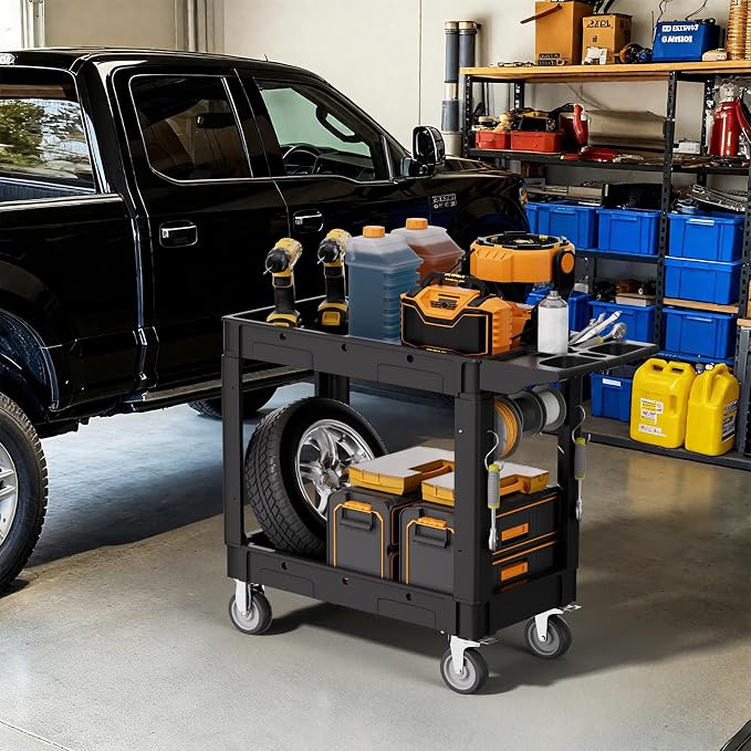 2 Tier Plastic Rolling Utility Cart on Wheels, Heavy Duty Tool Cart - Image 7
