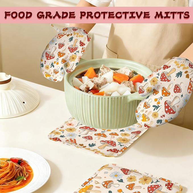 Retro Mushroom Daisy Flowers Silicone Oven Mitts and Pot Holders, - Image 7
