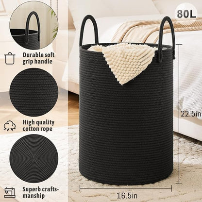 Laundry Basket, Woven Cotton Rope Laundry Hamper, 80L - Image 6