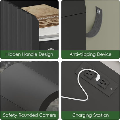 Black Nightstand with Charging Station, Mid Century Modern Bedside Table & End - Image 7