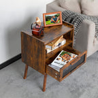 Lerliuo Rattan Nightstands Set of 2, Boho Side Table with Drawer Open Shelf, Cane Accent Bedside End Table with Solid Wood Legs for Bedroom, Dorm and Small Spaces (Brown)