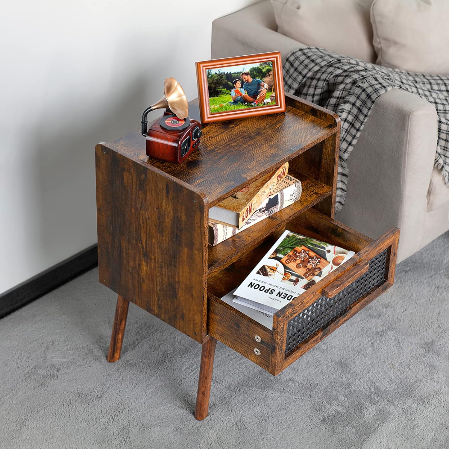 Lerliuo Rattan Nightstands Set of 2, Boho Side Table with Drawer Open Shelf, Cane Accent Bedside End Table with Solid Wood Legs for Bedroom, Dorm and Small Spaces (Brown)