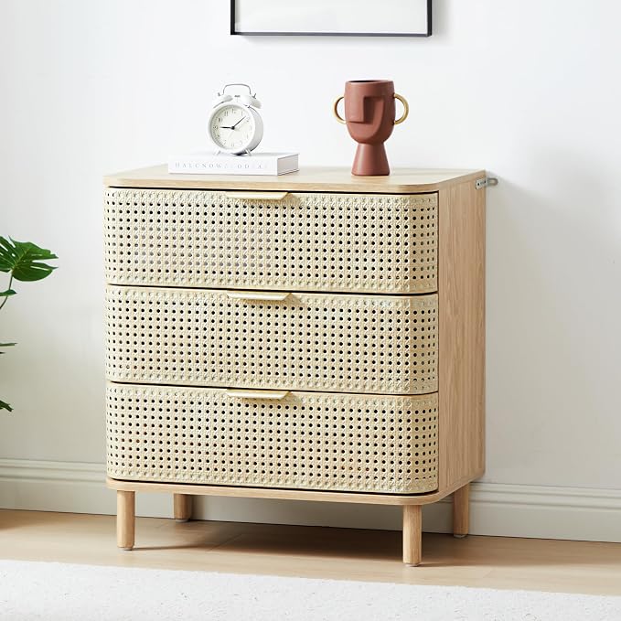 ORRD 3 Drawer Dresser Set of 2, Modern Iron Rattan Cabinet Dresser - Image 3