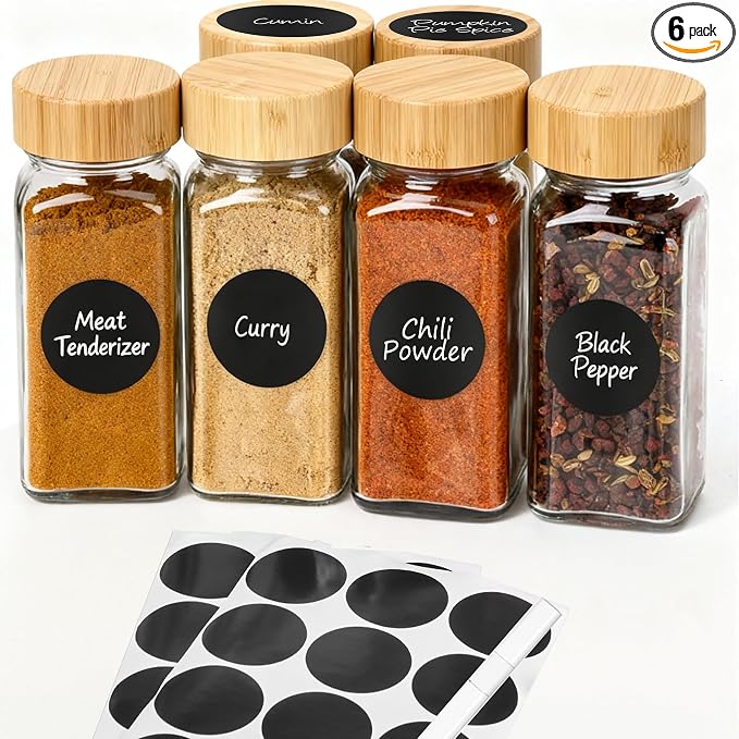 6Pcs Spice Jars with Label, 4oz Empty Square Seasoning Containers, Spice Jars by DIDITIME