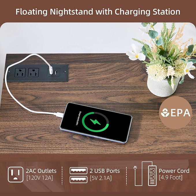 Floating Nightstand with Charging Station, Walnut Fluted Wall Mounted - Image 7