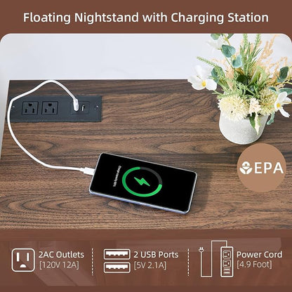 Floating Nightstand with Charging Station, Walnut Fluted Wall Mounted - Image 7