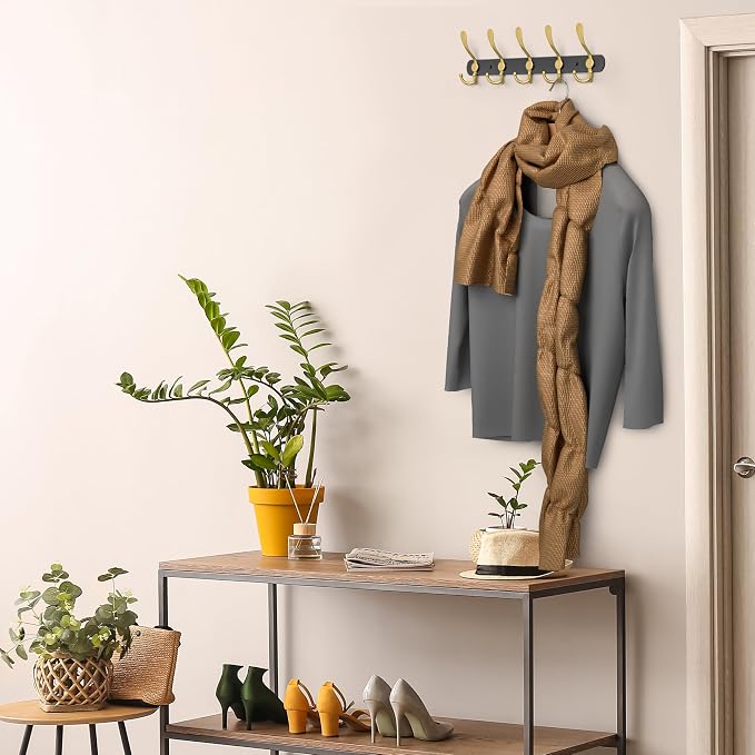 Coat Rack Wall Mount with 5 Tri Hooks, Stainless Steel 16 Inch – Black & Gold - Image 6