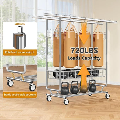 Heavy Duty Clothes Rack with Metal Basket, 720 LBS Rolling Double Rod Garment - Image 2