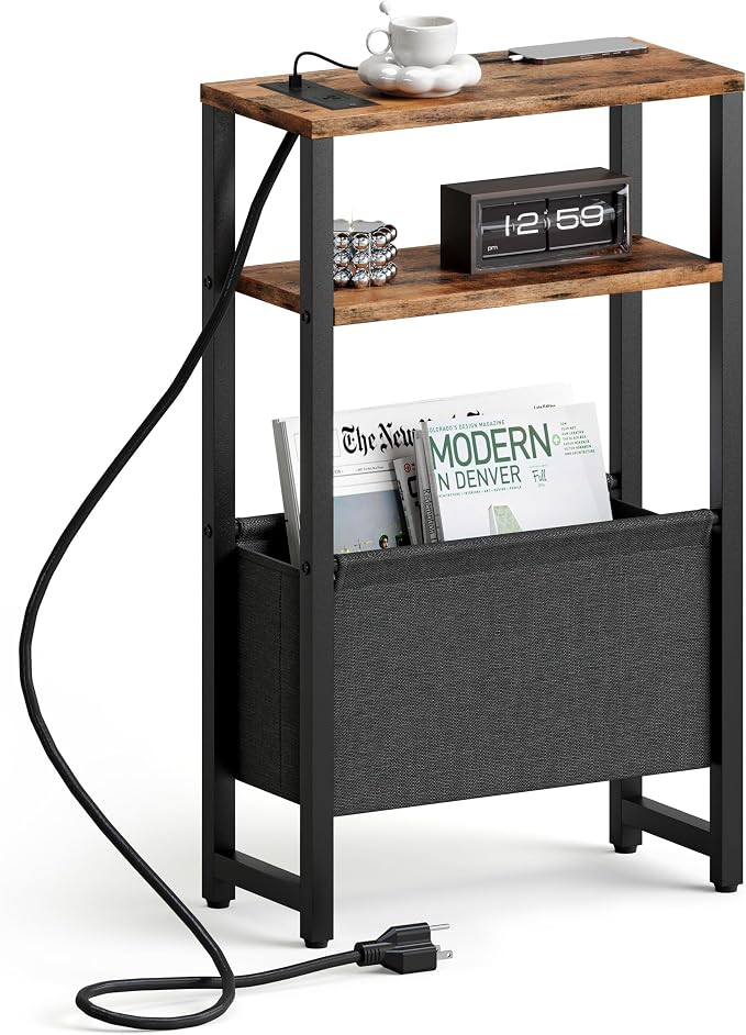 Narrow Side Table with Charging Station Slim End Table Sofa with Magazine Rack by IRCPEN