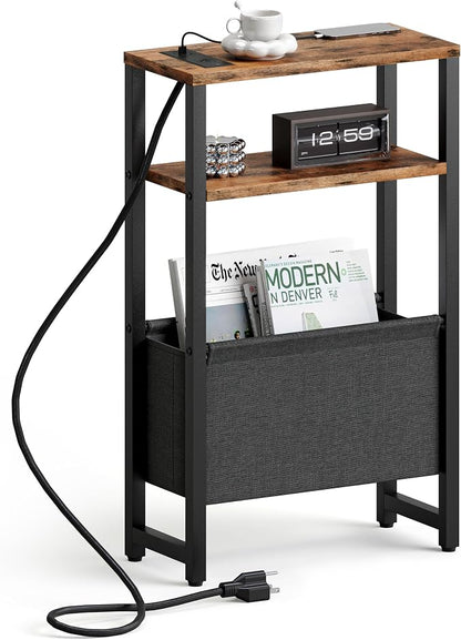 Narrow Side Table with Charging Station Slim End Table Sofa with Magazine Rack by IRCPEN
