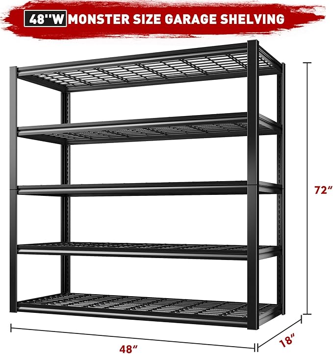 REIBII 48" W Garage Shelving Heavy Duty Load 2500LBS, 5 Tier Storage Shelves - Image 3