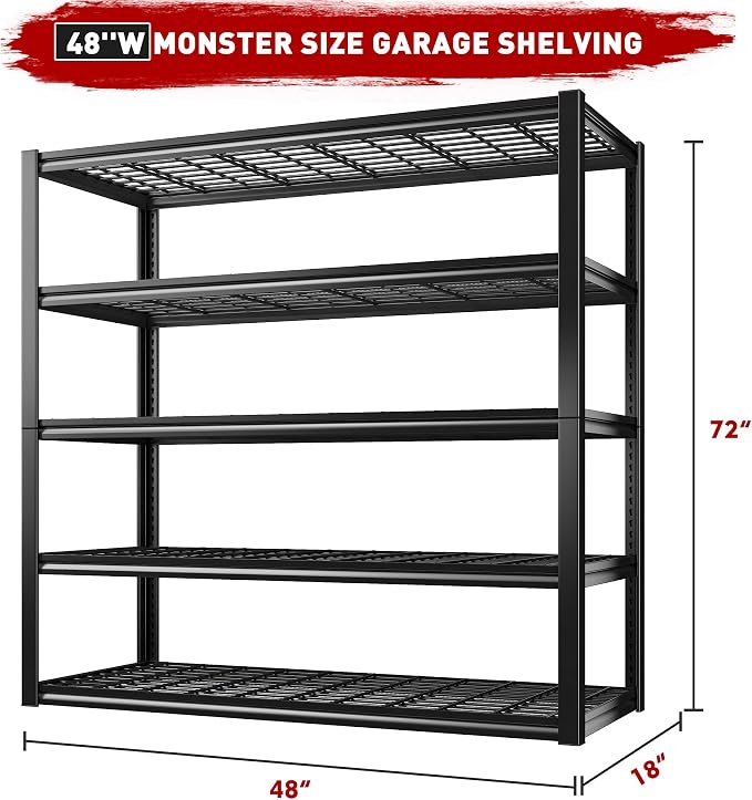 REIBII 48" W Garage Shelving Heavy Duty Load 2500LBS, 5 Tier Storage Shelves - Image 3