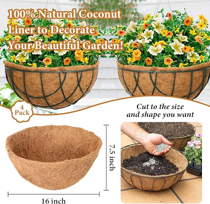 4 Pack 16 Inch Hanging Basket Coco Liners Replacement, 100% Natural Round - Image 2