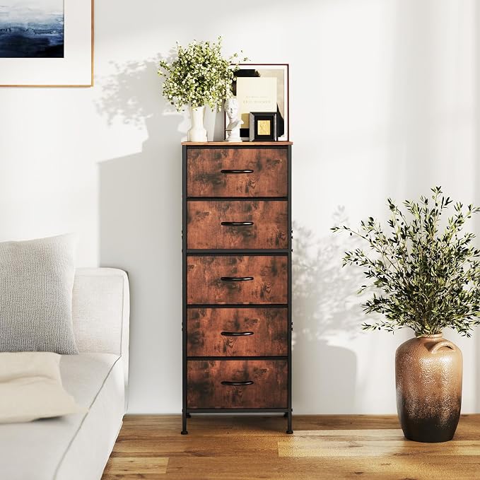 DUMOS Nightstand with 5 Drawers Bedside Table with Removable Fabric Bins Sturdy - Image 7