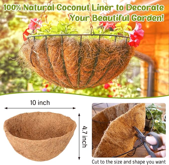 6 Pack 10 Inch Hanging Basket Coco Liners Replacement, 100% Natural Round - Image 3