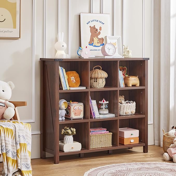 9 Cube Bookcase, Farmhouse 47 Inch Wide Brown Walnut Bookshelf, Wooden 3 Tier - Image 7