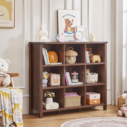 9 Cube Bookcase, Farmhouse 47 Inch Wide Brown Walnut Bookshelf, Wooden 3 Tier - Image 7