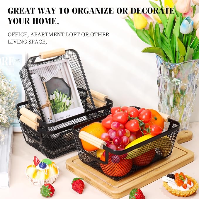 6 Pack Black Wire Basket with Wooden Handle, Storage Bins - Image 3