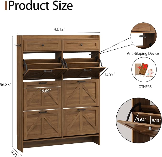 Shoe Cabinet with 6 Flip Drawers & 2 Top Drawers, Hidden Slim Shoe Rack - Image 2