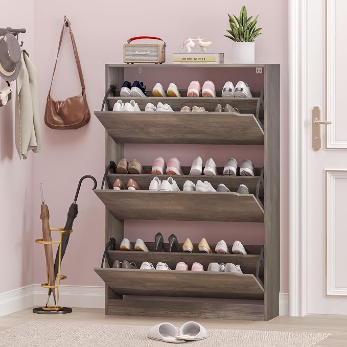 BORNOON Shoe Cabinet with 3 Flip Drawers, Hidden Wood Shoe Cabinet, - Image 7