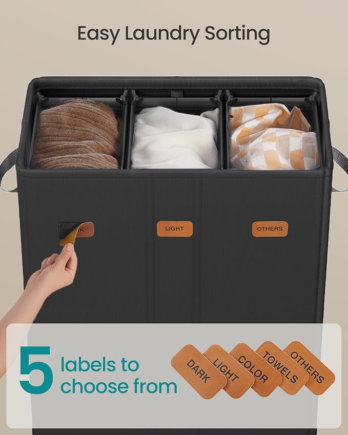 SONGMICS 47.6 Gallon Laundry Hamper, 3-Compartment Laundry Basket Sorter - Image 4