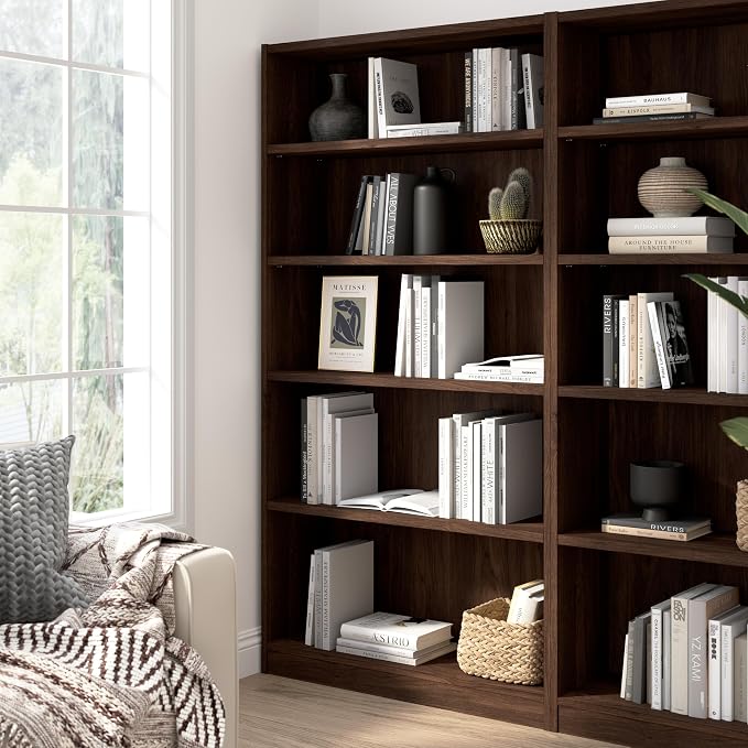 Bush Furniture Universal Tall 5 Shelf Bookcase in Black Walnut, Vertical - Image 2