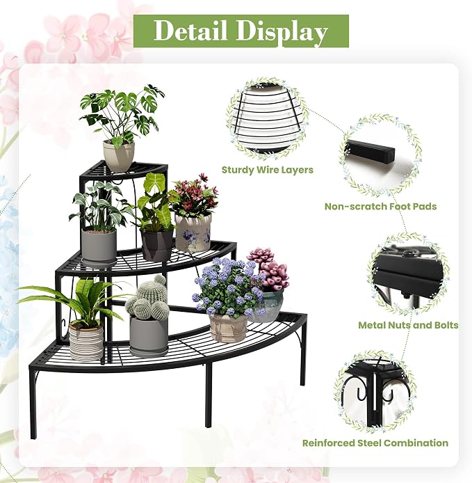 Plant Pot Stand Shelf, 3 Tier Flower Quarter Display Rack, Metal Succulent - Image 5