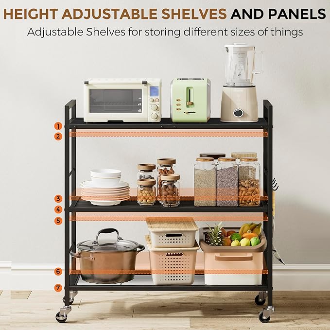 3-Tier Metal Storage Rack with Industrial Wheels, Mesh Shelving Unit with - Image 4