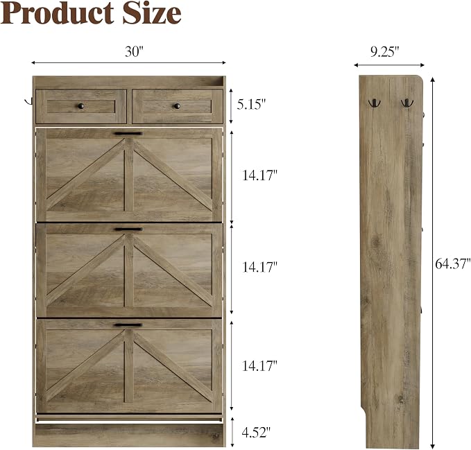 Thacuok Shoe Cabinet with 3 Flip Drawers & 2 Storage Drawers, Rustic Farmhouse - Image 2