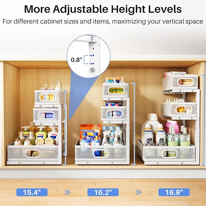 Under Sink Organizer, Height Adjustable Slide out Storage Drawer Rack - Image 9